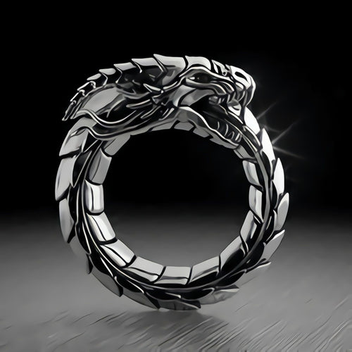 Black dragon with tail in it's mouth (ouroboros) ring.