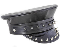 Load image into Gallery viewer, Black matte police hat with shiny patent vegan leather bill. Bill has silver spike details.
