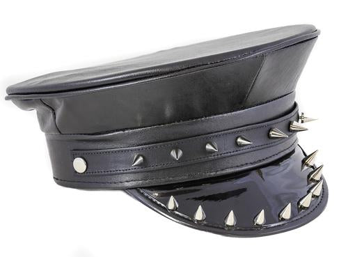 Black matte police hat with shiny patent vegan leather bill. Bill has silver spike details.