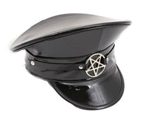 Load image into Gallery viewer, Black patent shiny leather top captain style hat. Hat has inverted silver pentagram on front center.
