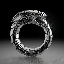 Load image into Gallery viewer, Black dragon with tail in it&#39;s mouth (ouroboros) ring.

