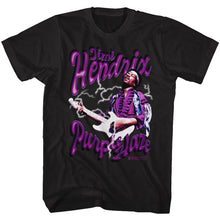Load image into Gallery viewer, black jimi hendrix shirt with logo and picture of jimi playing guitar wearing headband with text that reads &quot;purple haze&quot;

