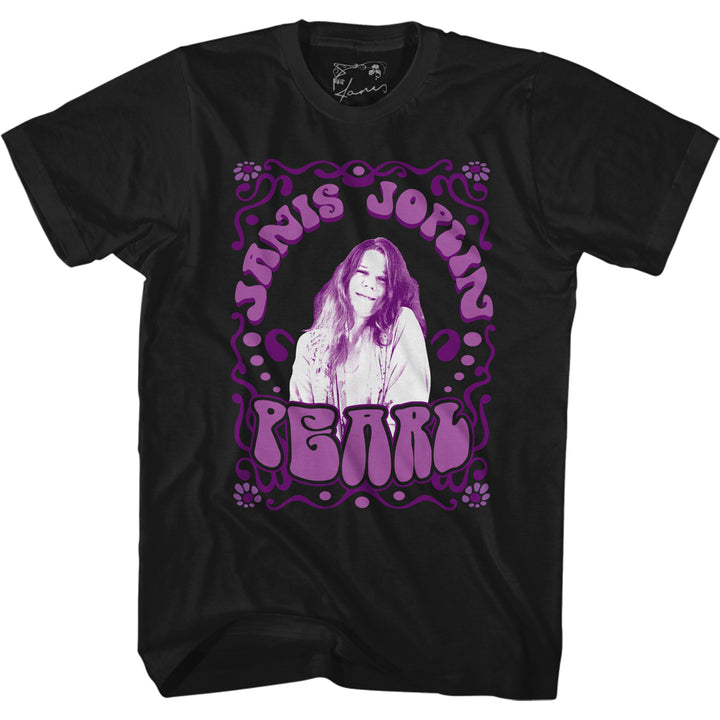 black janis joplin shirt with logo and picture of janis smiling, with text that reads 