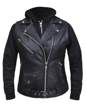 Load image into Gallery viewer, front view of Black real lambskin leather motorcycle style basic motorcycle vest with black zip-up hoodie underneath. Hoodie is removable. Jacket has three outer pockets, and two inside pockets.
