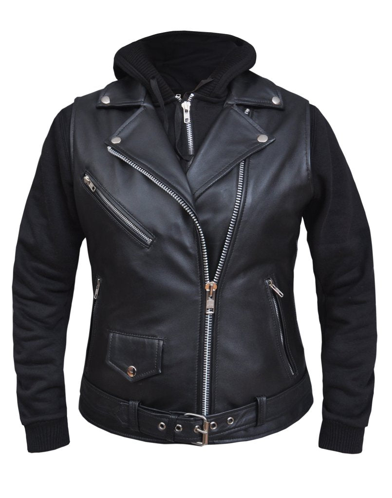 front view of Black real lambskin leather motorcycle style basic motorcycle vest with black zip-up hoodie underneath. Hoodie is removable. Jacket has three outer pockets, and two inside pockets.