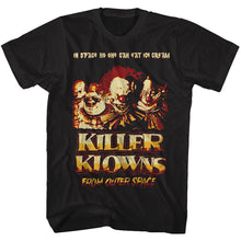 Load image into Gallery viewer, unisex black killer klowns from outer space movie shirt with group clown photo and text that reads &quot;in space no one can eat ice cream&quot;
