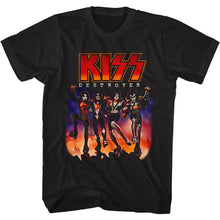 Load image into Gallery viewer, unisex black kiss shirt with logo and destroyer album cover art with text that reads &quot;destroyer&quot;
