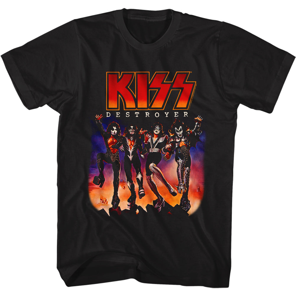 unisex black kiss shirt with logo and destroyer album cover art with text that reads 