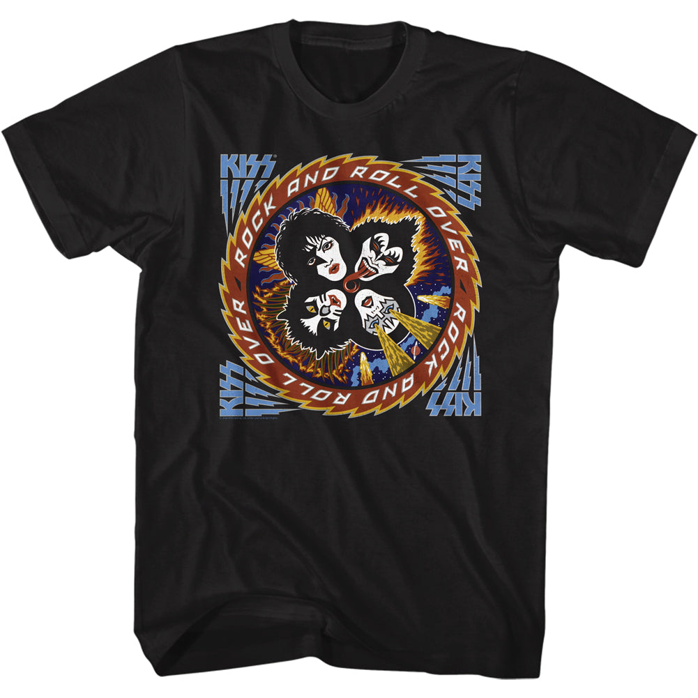 black unisex kiss shirt with four corner logos and rock and roll over album cover art with text that reads 