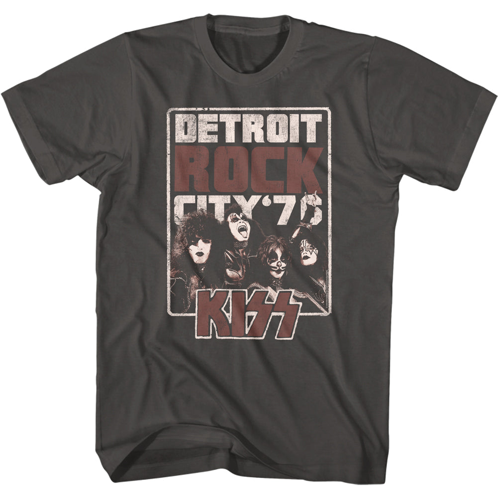 unisex gray kiss shirt with logo and band picture with text that reads 