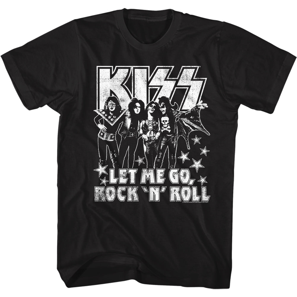 black unisex kiss shirt with logo and full body picture of band with text that reads 