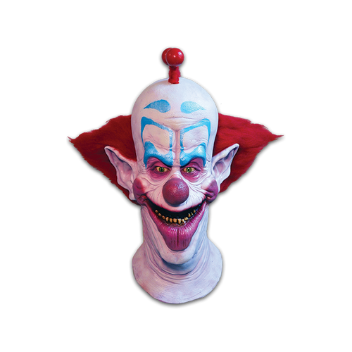latex mask of slim the clown from killer klowns from outer space. mask has red hair on top and sides