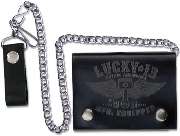 Black tri-fold, chain wallet with leather clasp, double snaps, and embossed with the Lucky 13 