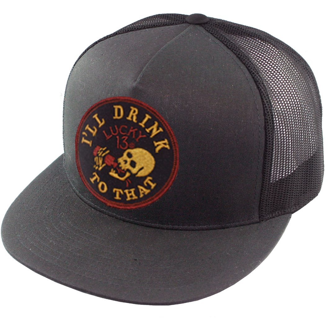 Charcoal colored flat bill snapback poplin-mesh cap with adjustable snapback closure with a fully embroidered 