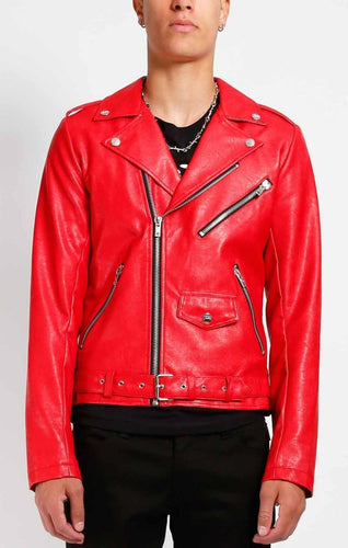 front of Classic motorcycle jacket in soft red vegan leather. Features four pockets, skull snaps, and a belted waist for the perfect fit.  