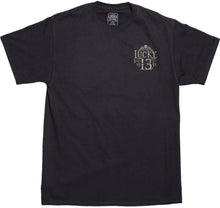 Load image into Gallery viewer, front of Black Lucky 13 t-shirt with a back print of the Lucky 13 &quot;Dead Skull&quot; Dia De Los Muertos logo, and a &quot;Lucky Thirteen&quot; front left chest print.
