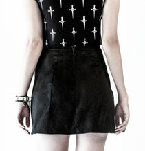 Load image into Gallery viewer, back of Black pleated skirt with front silver safety pin details.
