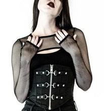Load image into Gallery viewer, Black fishnet shrug with lace up back detail &amp; thumbholes.
