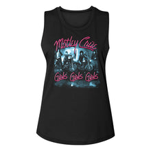 Load image into Gallery viewer, women&#39;s black motley crue sleeveless muscle cut shirt with logo and girls girls girls album cover art and text that reads &quot;girls girls girls&quot;
