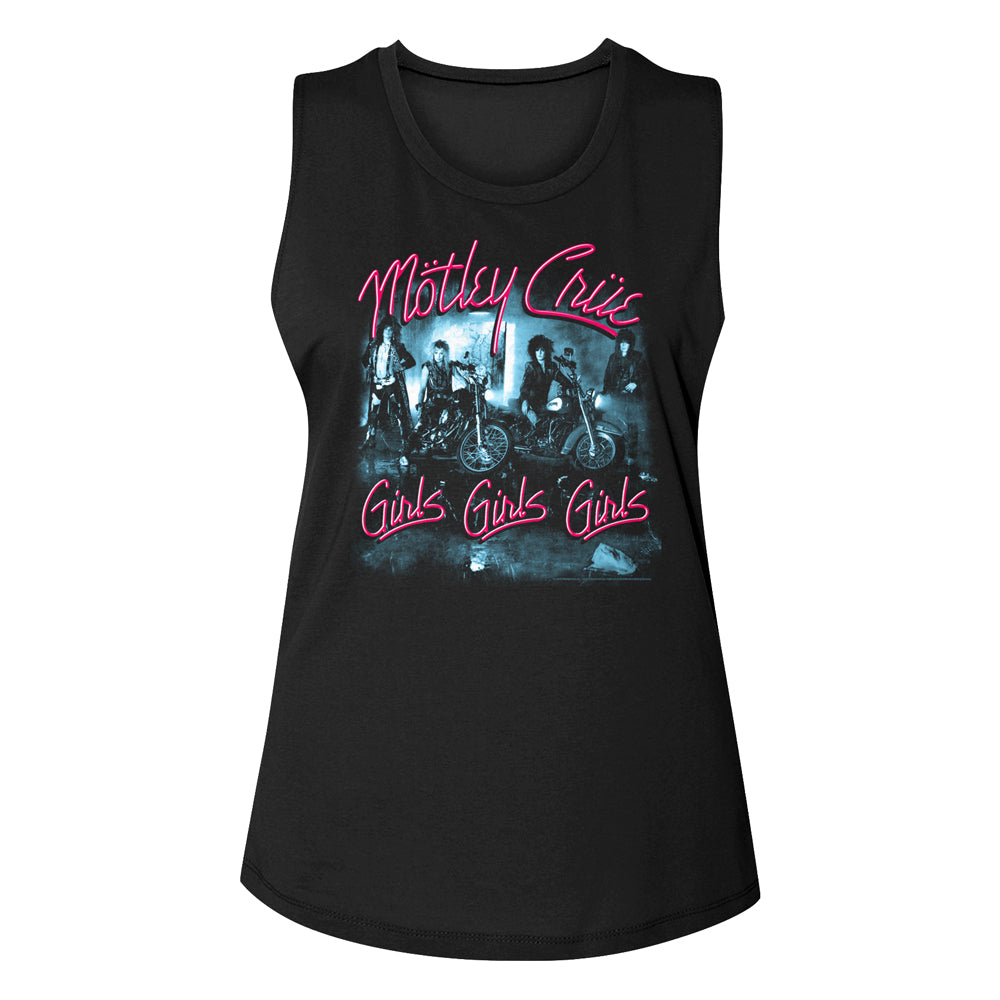 women's black motley crue sleeveless muscle cut shirt with logo and girls girls girls album cover art and text that reads 
