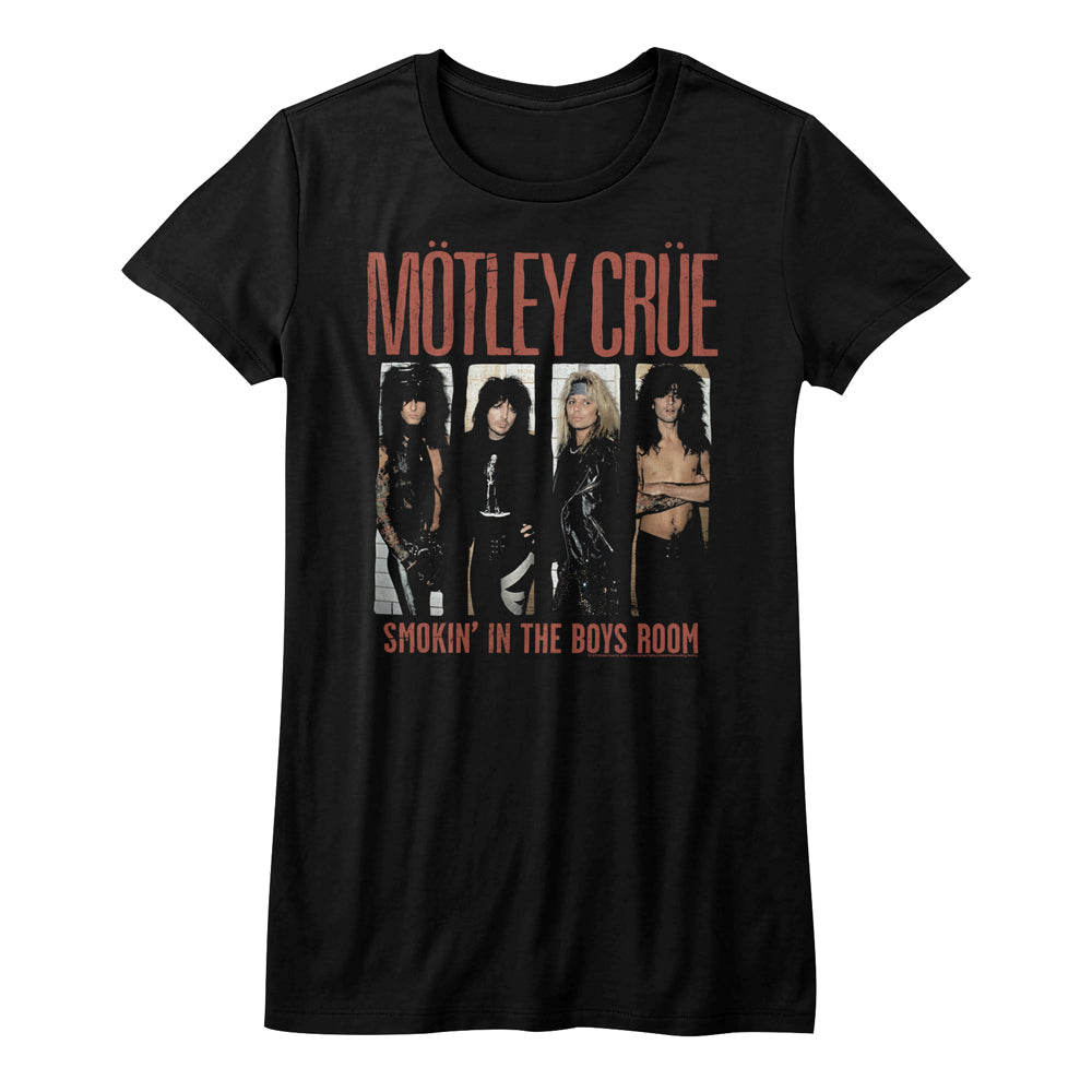 women's black motley crue shirt with picture of band leaning up against white brick wall with text that reads 