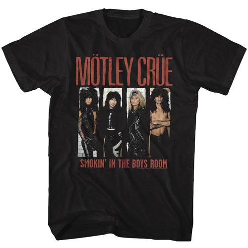 black unisex motley crue shirt with picture of band leaning up against white brick wall with text that reads 