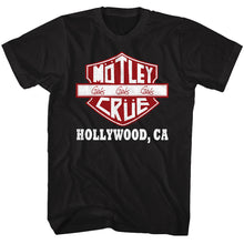 Load image into Gallery viewer, black unisex motley crue shirt with motley crue girls girls girls logo and text that reads &quot;hollywood, ca&quot;
