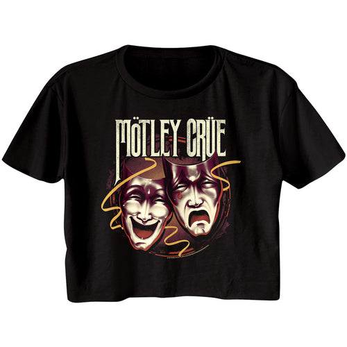 black women's motley crue cropped half shirt with logo and happy sad theatre of pain graphic