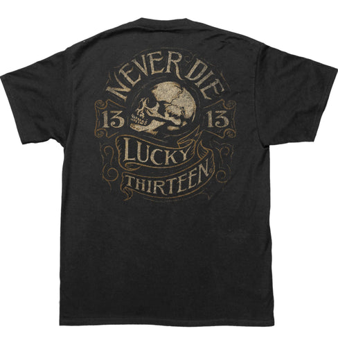 back of Black Lucky 13 t-shirt with a full back print of Lucky 13's 