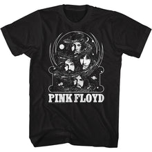Load image into Gallery viewer, black unisex pink floyd shirt with logo on bottom and band portrait full of stars art in middle
