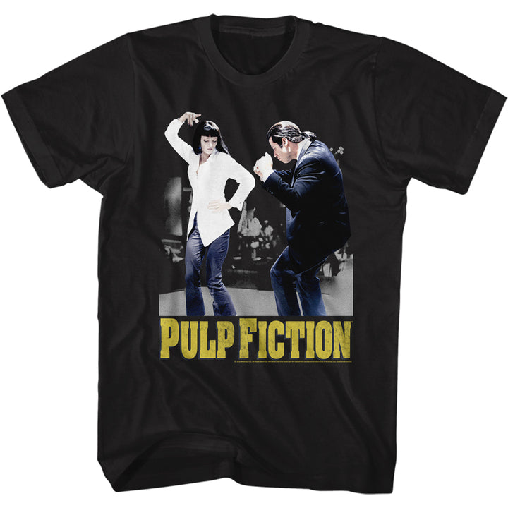 black unisex pulp fiction movie shirt with uma thurman and john travola dancing scene photo and pulp fiction logo on bottom