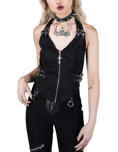 front view of black pinstripe vest with provocative low neckline, halter neck, zip front detail with cross pull and buckle details.