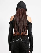 Load image into Gallery viewer, back of Black hoodie with gothic Lolita details. Hoodie has long sleeves that have thumb holes and black lace around the hands. Shoulders are open, and have edges of black on black lace details, as well as silver rivet details around the edge. Front of hoodie zips up, and has black on black lacey lace-up panels on right and left of zipper. Hoodie has black hood.

