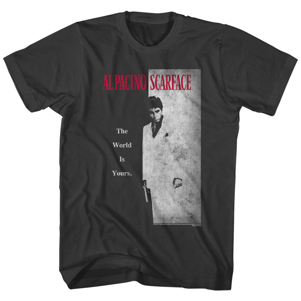 black scarface movie shirt with movie poster artwork and text that reads 