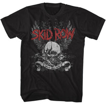 Load image into Gallery viewer, black band shirt with skid row logo and skull wings graphic with text that reads &quot;youth gone wild&quot;
