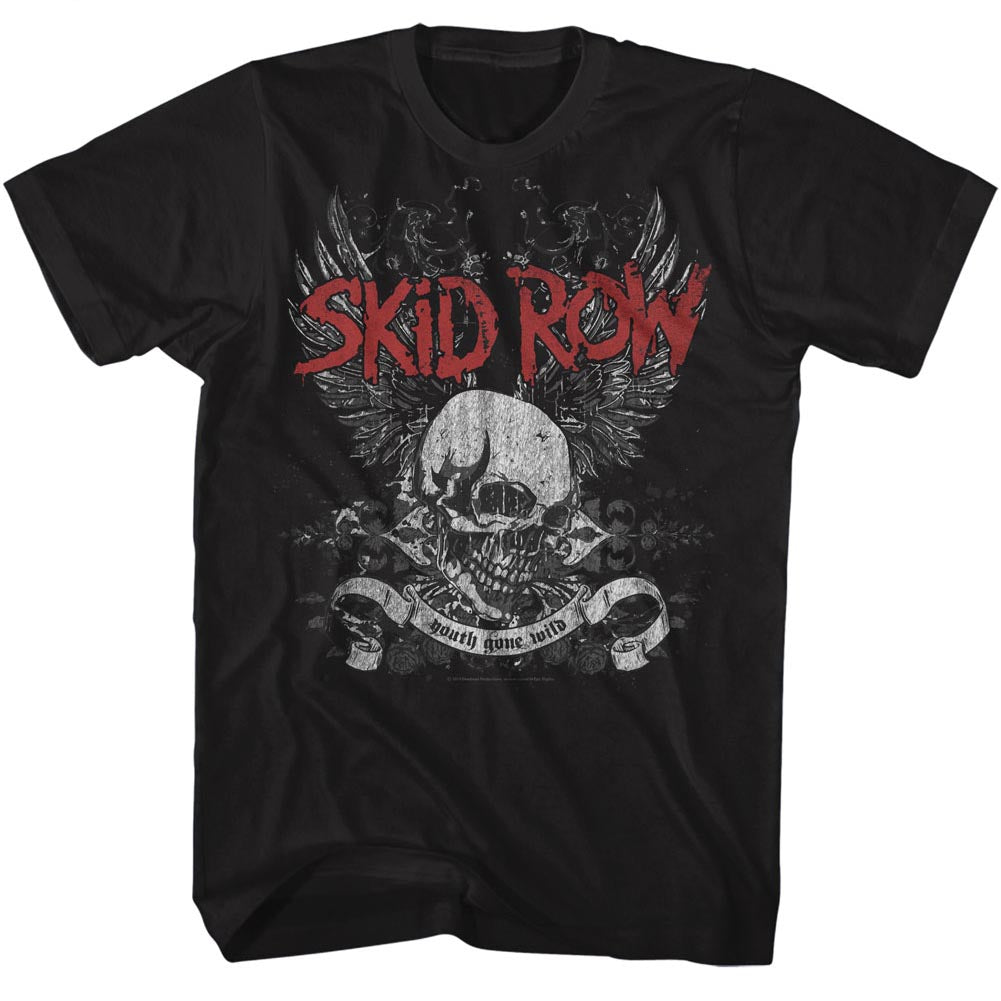 black band shirt with skid row logo and skull wings graphic with text that reads 
