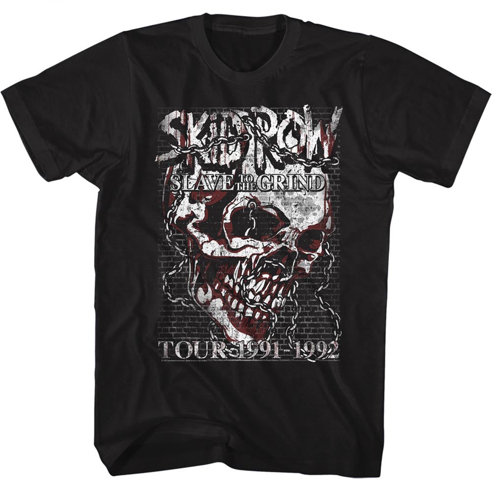 black band shirt with skid row logo and skull with chains graphic with text that reads 