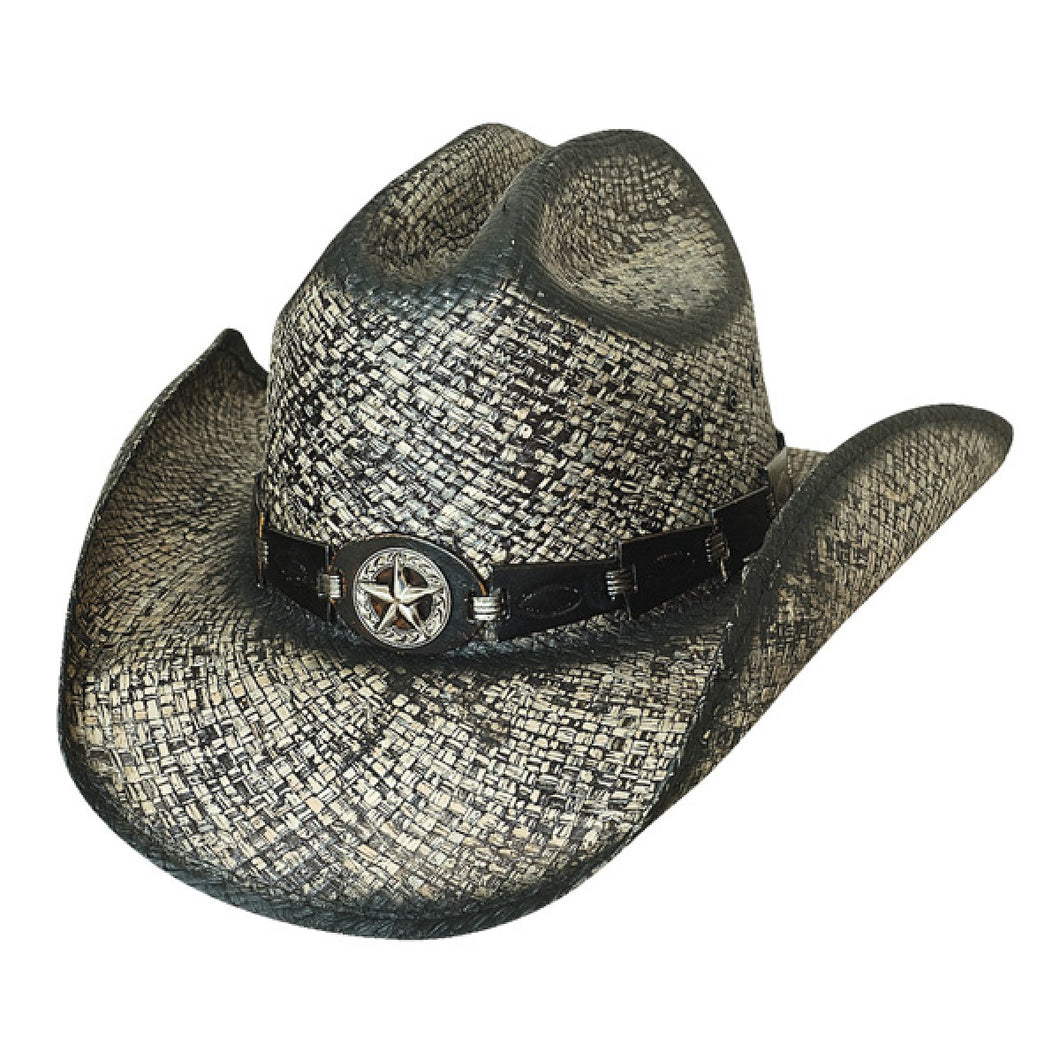 White/gray distressed straw cowboy hat with brown leather strap around base of hat with a central star on the front center