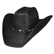Load image into Gallery viewer, Black straw cowboy hat with all around venting, black leather around base of hat with silver stud details
