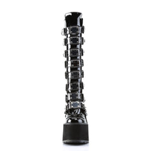 Load image into Gallery viewer, front view of black vinyl 5 1/2&quot; wedge platform Goth punk gogo knee high boot Adjustable straps from top to bottom of boot, with metal plates up the front with full back zipper
