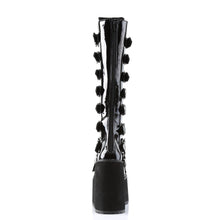 Load image into Gallery viewer, back side view of black vinyl 5 1/2&quot; wedge platform Goth punk gogo knee high boot Adjustable straps from top to bottom of boot, with metal plates up the front with full back zipper
