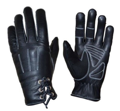 Black real leather full finger, wrist length gloves with white stitching and lace up detail on top side of wrist.