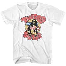 Load image into Gallery viewer, white band shirt with twisted sister logo and woman posing graphic

