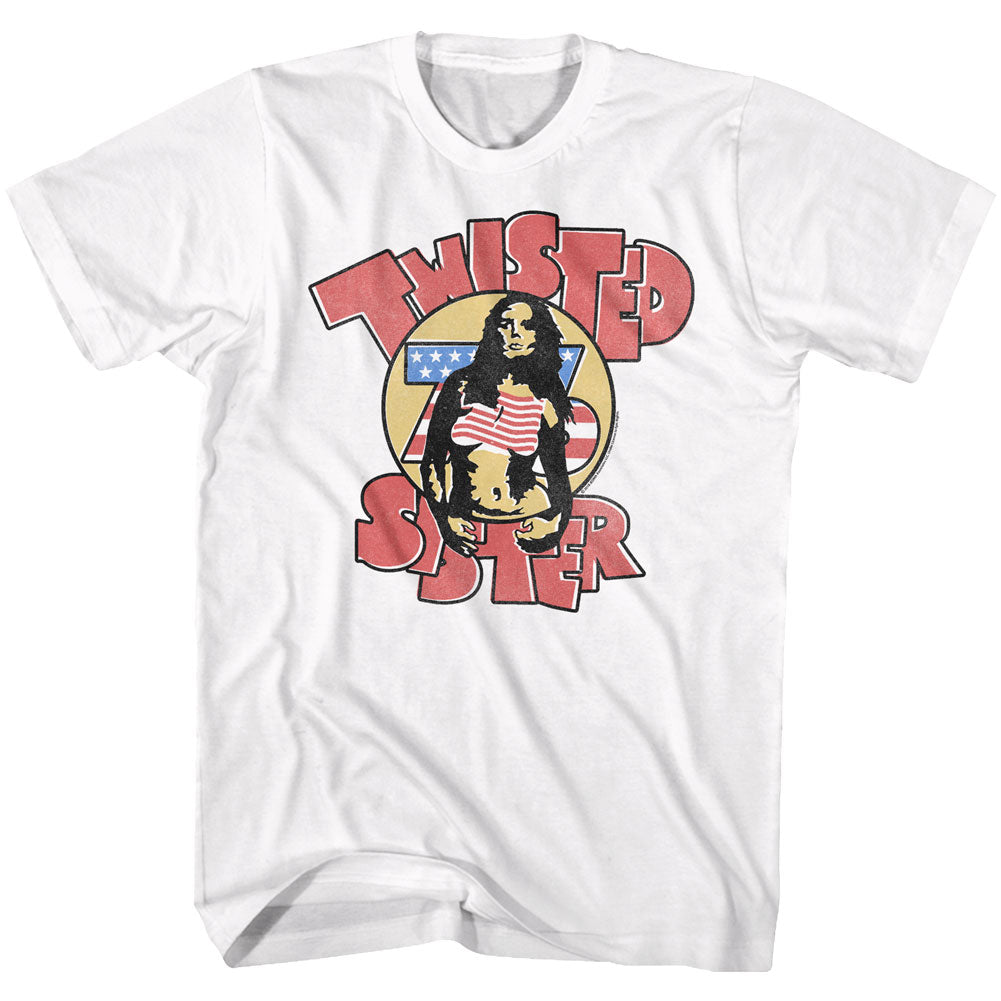 white band shirt with twisted sister logo and woman posing graphic