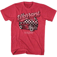 Load image into Gallery viewer, heather red band shirt with warrant logo with hot rod car graphic and text that reads &quot;garage cherry pick&#39;n since &#39;83 hollywood, ca&quot;
