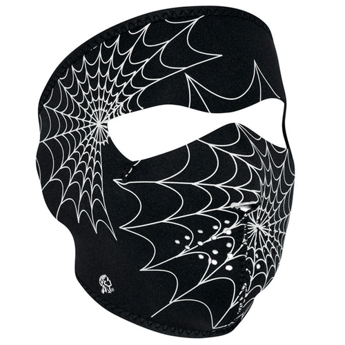 Full face riding mask with glow in the dark spider web design on front side. Can be reversed to an all black side.