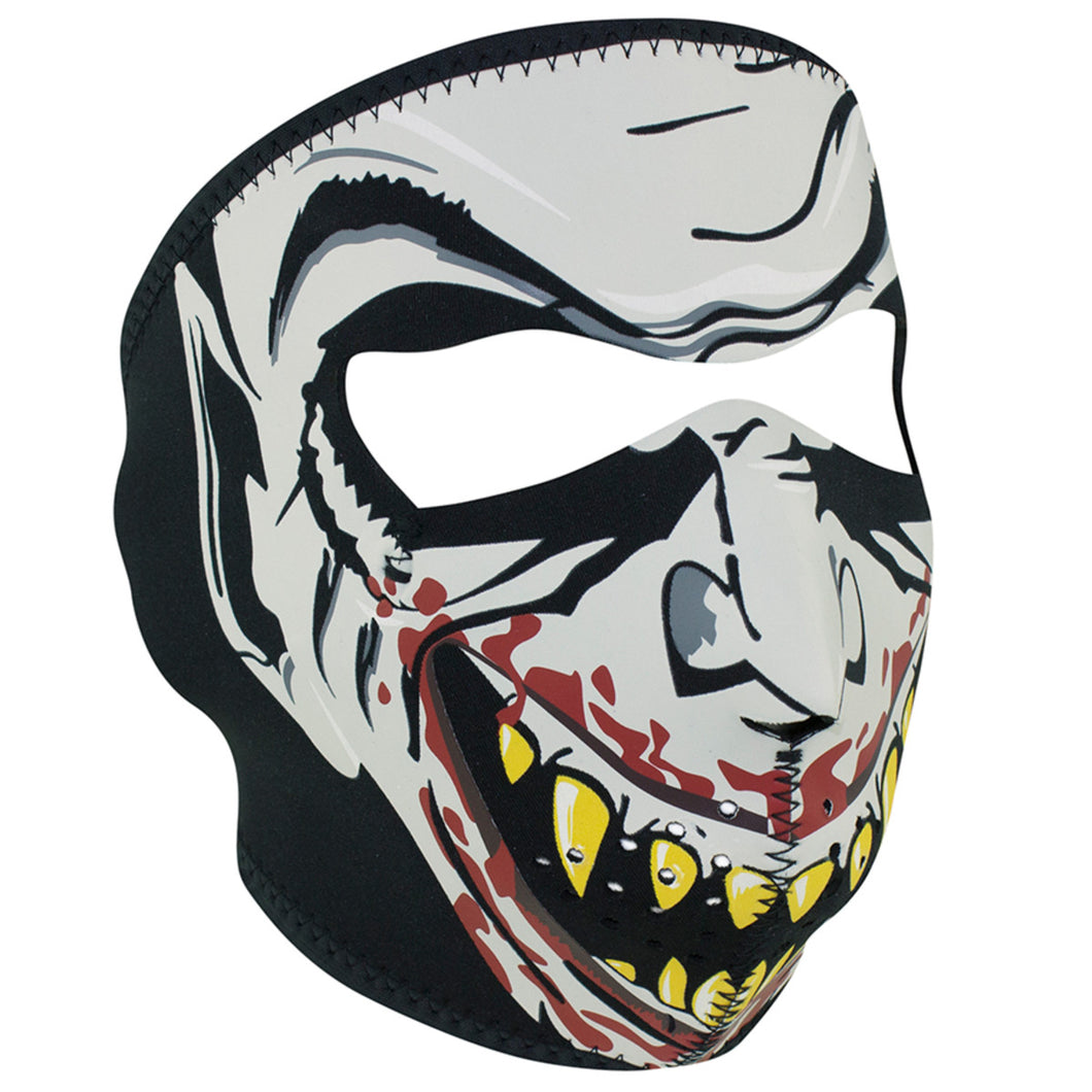 Full face riding mask with vampire glow in the dark design on front side. Can be reversed to an all black side.