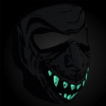 Load image into Gallery viewer, Full face riding mask with vampire glow in the dark design on front side. Can be reversed to an all black side.
