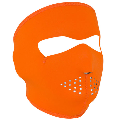 Full face riding mask with high visibility orange design on front side.