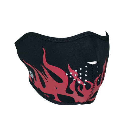 Half face riding mask with red flames printed on black front side. Can be reversed to an all black side.